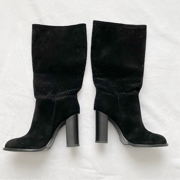 NWOT Perforated Stacked Heel Black Boots - Picture 4 of 12